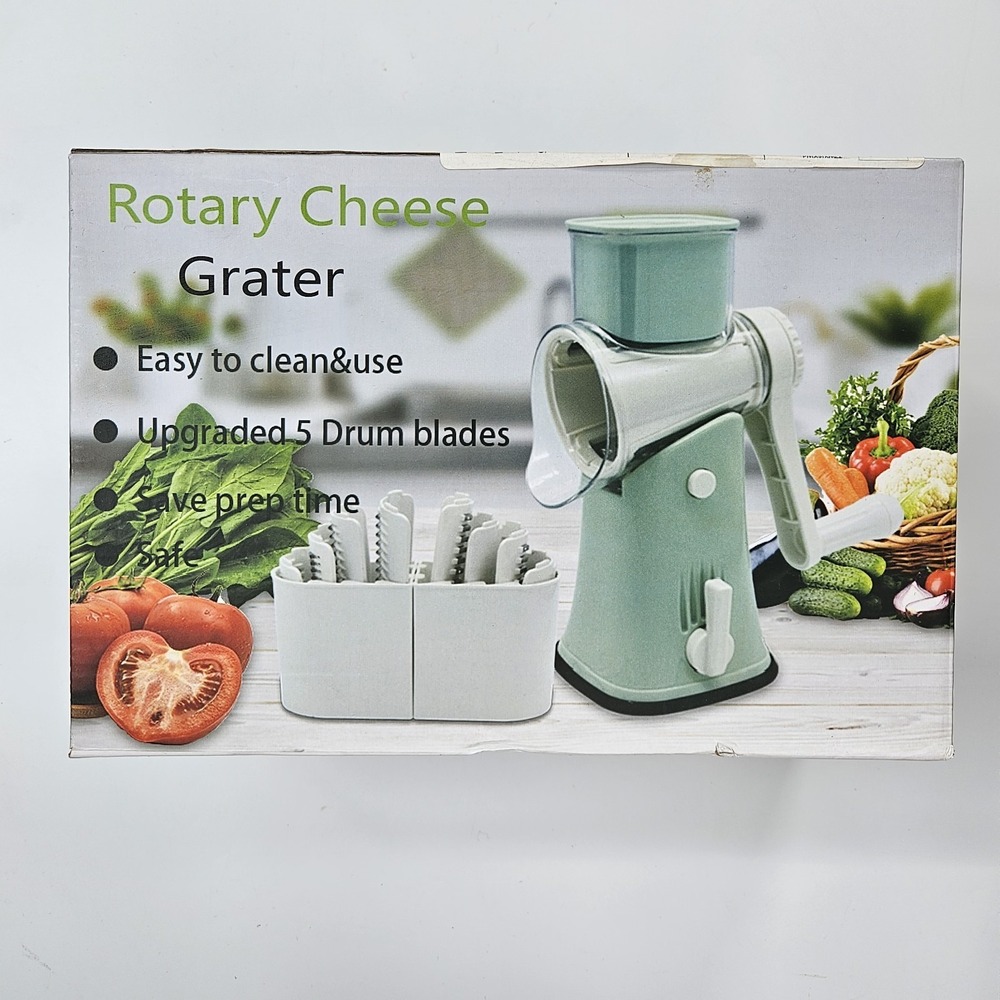 NEW Rotary Cheese Grater 5 in‎ 1 Shredder Handle Slicer Stainless Blade GREEN